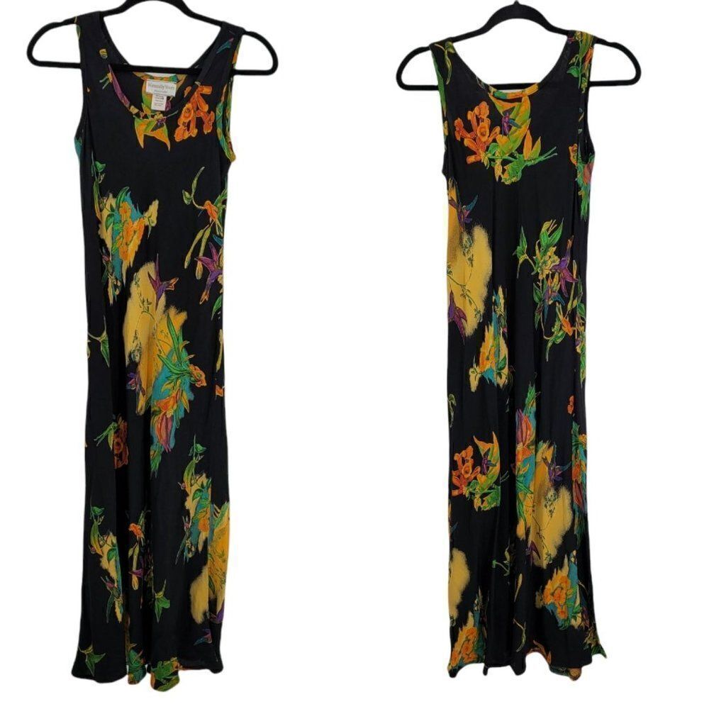 Vintage 80's Neon Psychedelic Hummingbird Floral 2pc‎ Maxi Dress Black Sz S